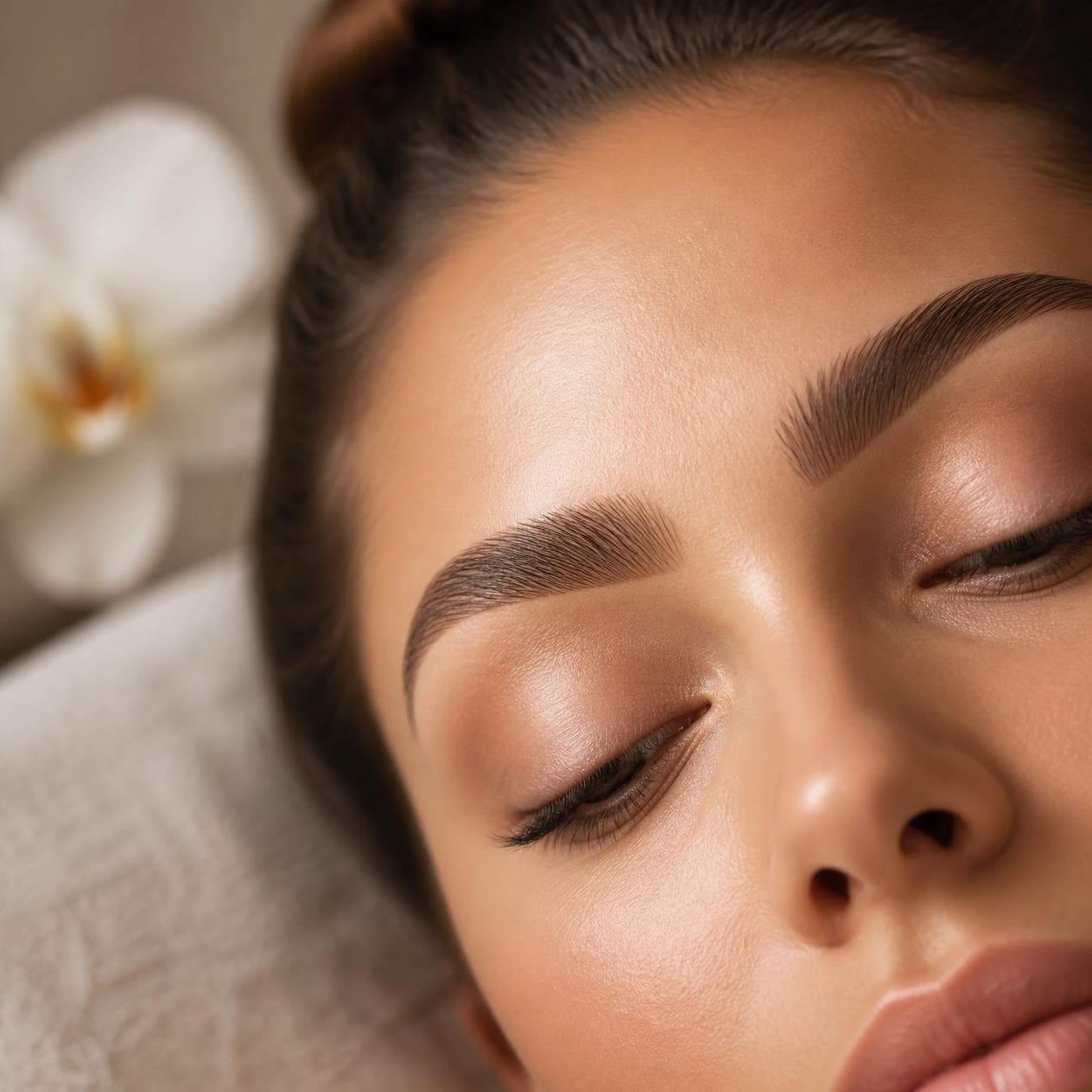 Close-up of freshly shaped, groomed eyebrows