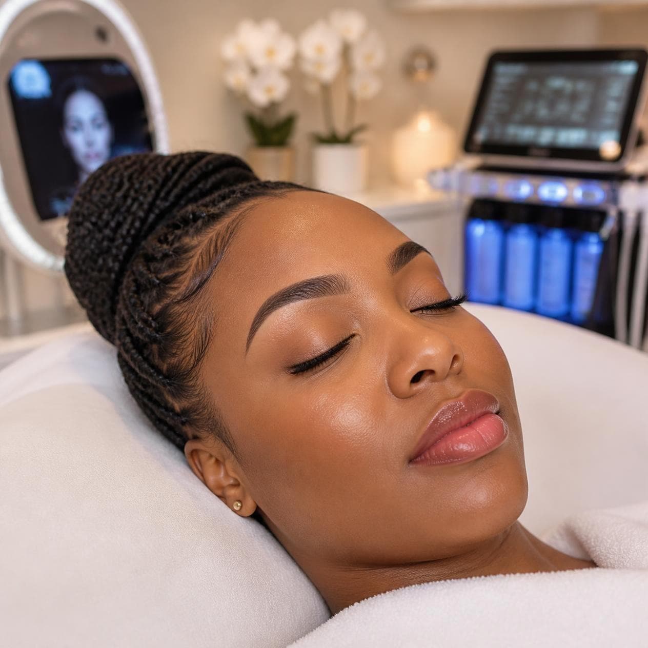 Woman relaxing during a facial treatment at Rama Beauty